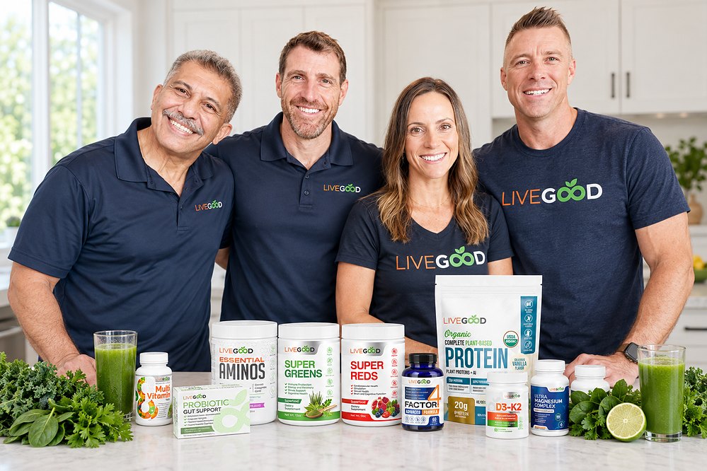 The LiveGood team, Ben Glinsky, Ryan Goodkin, Lisa Goodkin, and Nauder Khazan, behind a kitchen counter of LiveGood products